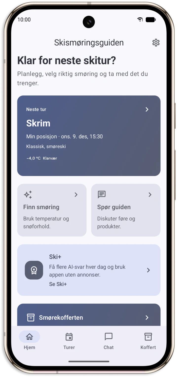 Skismøringsguidens startskjerm med neste tur, smørefinner, Smøreguiden og Ski+