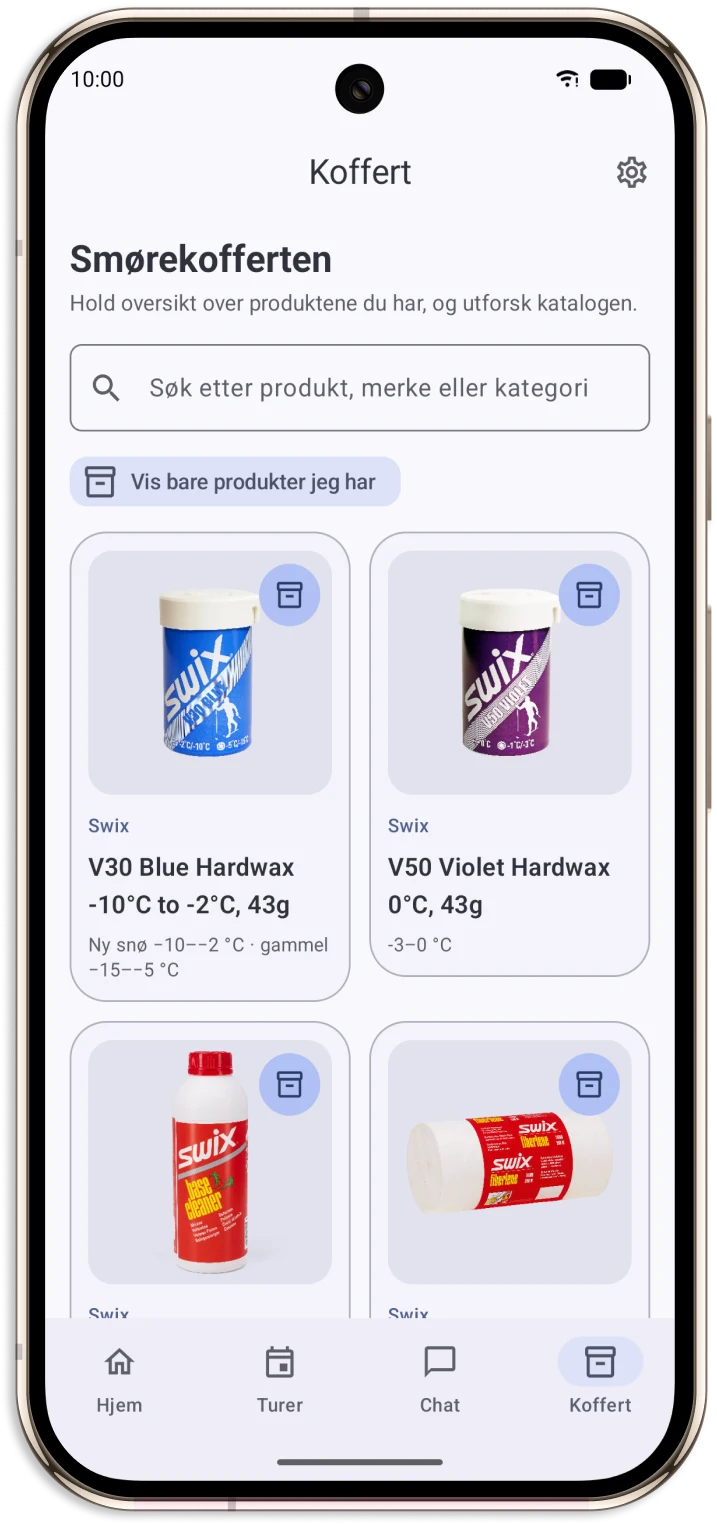 Smørekofferten viser produktsøk, produktbilder og hvilke produkter du eier