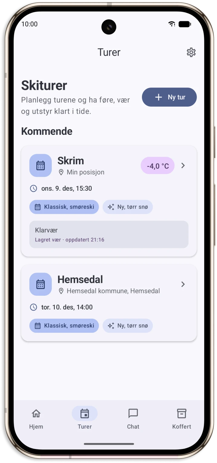 Tursiden viser kommende skiturer med sted, tidspunkt, temperatur og snøforhold